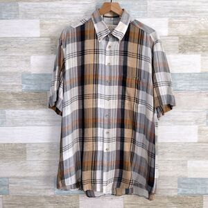 Haupt Germany Linen Blend Lawn Shirt Gray Brown Plaid Short Sleeve Mens Large